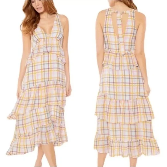 Cinq a Sept Astor Tiered Midi Dress Size 10 Plaid Pastel White Maxi NEW $465 - Picture 2 of 10